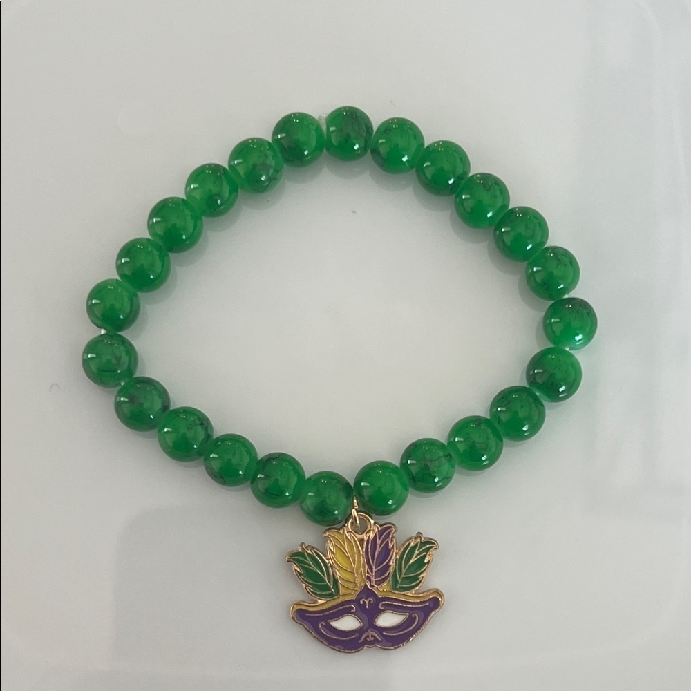 Green Beaded Mardi Gras Bracelet with Mask Charm